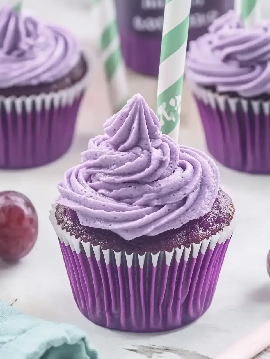 A close-up of a purple-frosted cupcake in a purple wrapper, surrounded by other cupcakes and a few grapes.