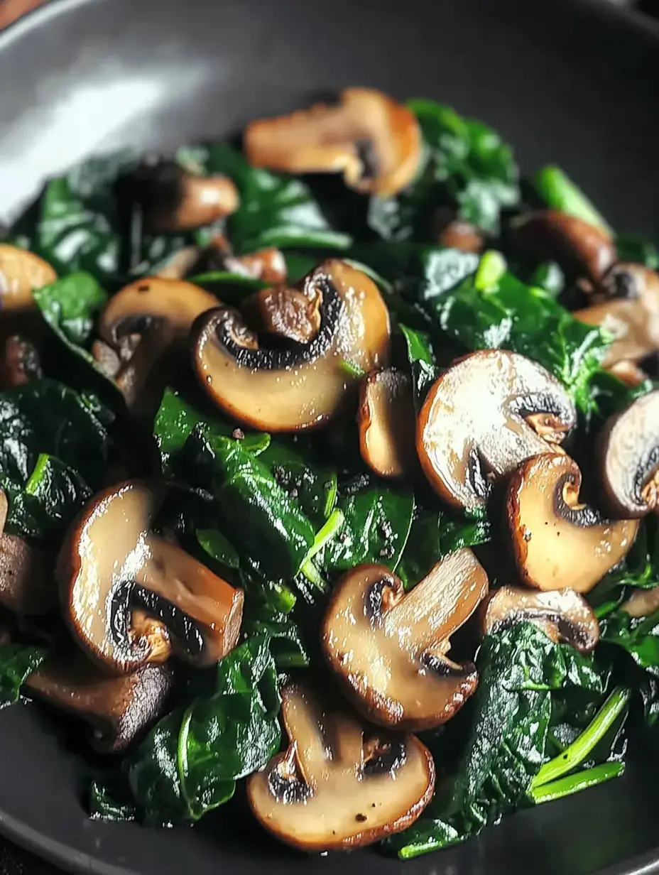 A close-up of sautéed spinach and sliced mushrooms served in a dark bowl.