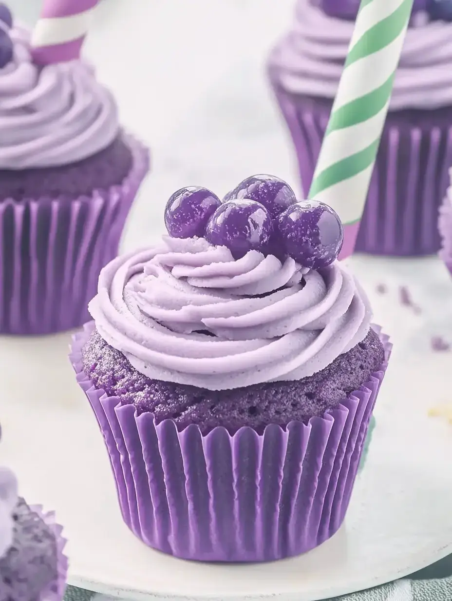 A close-up of a purple cupcake topped with lavender frosting, purple candy spheres, and a striped straw.