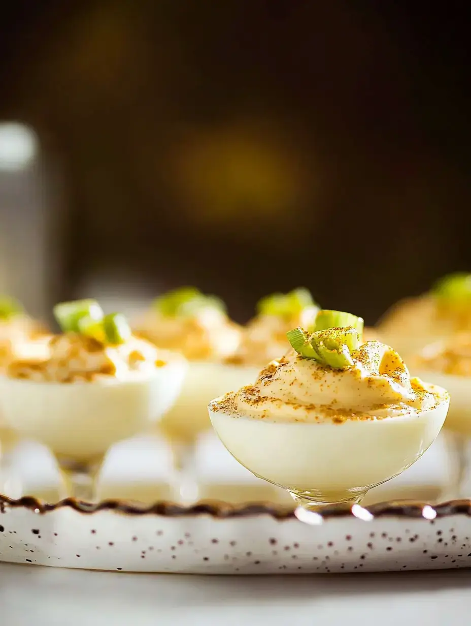 A close-up of individual dessert cups filled with creamy yellow mousse, topped with green garnishes and a dusting of spice, arranged on a decorative plate.