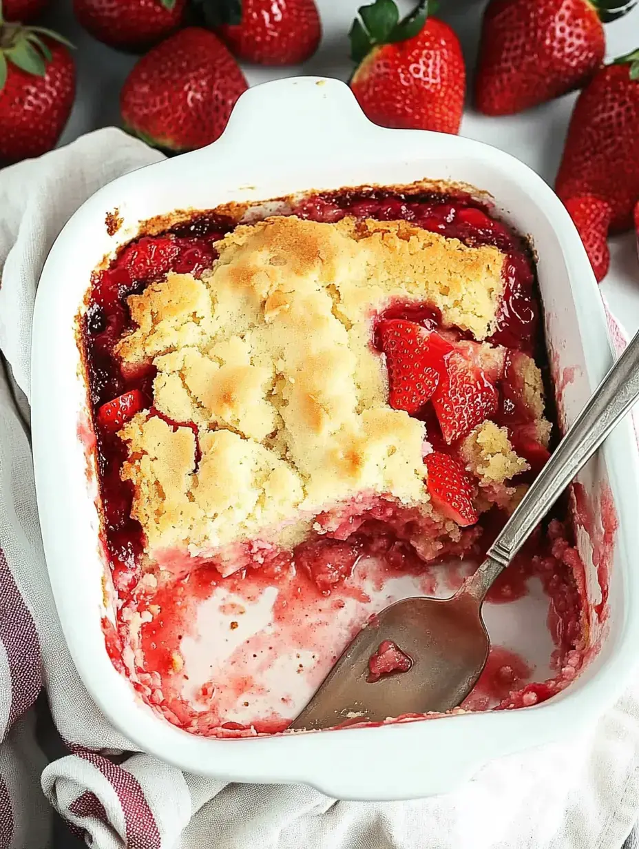 A baked strawberry dessert in a white dish, with a spoon resting inside and fresh strawberries scattered around.