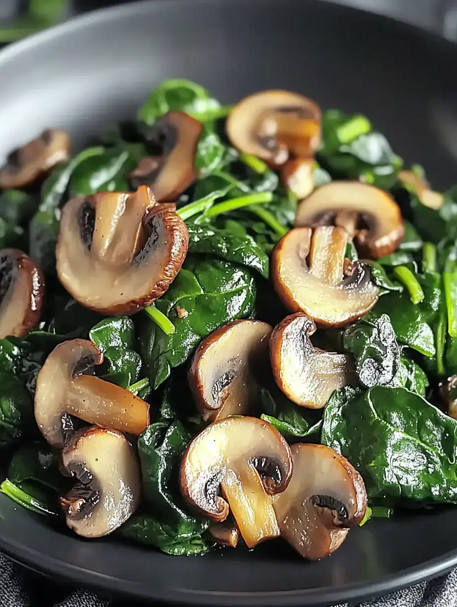 A bowl of sautéed spinach and sliced mushrooms garnished with fresh greens.