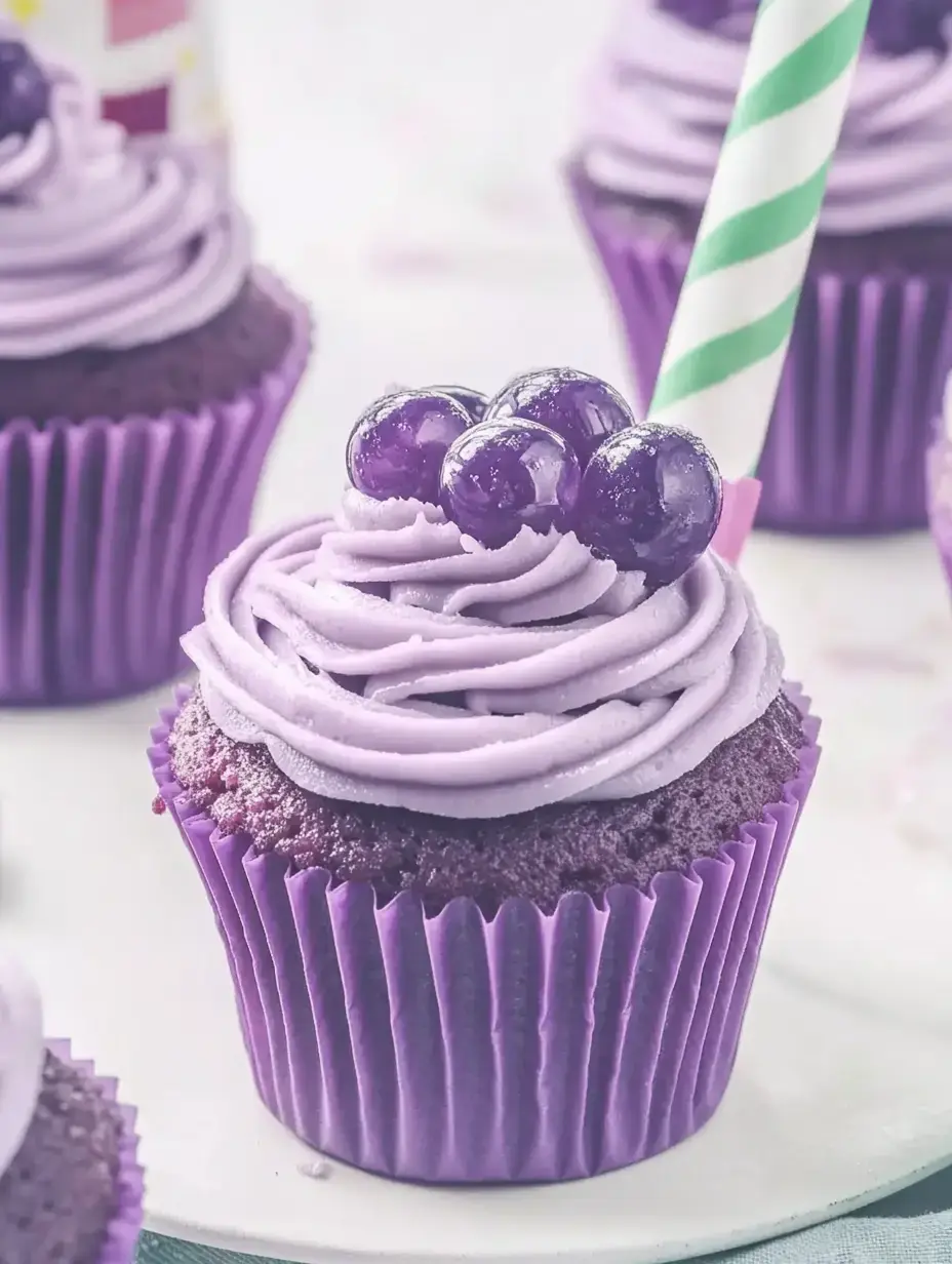 A close-up of a purple cupcake topped with lavender frosting and shiny purple toppings, sitting on a white plate.