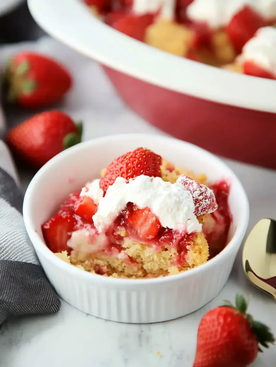 A serving of strawberry shortcake topped with whipped cream, surrounded by fresh strawberries.