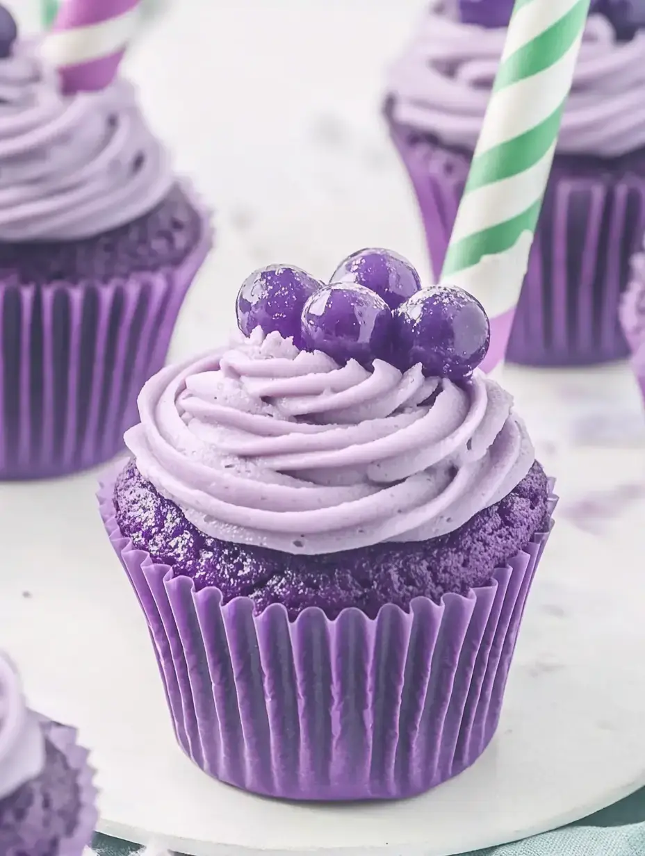 A close-up of a purple cupcake topped with lavender frosting and purple candies, placed on a light-colored surface.