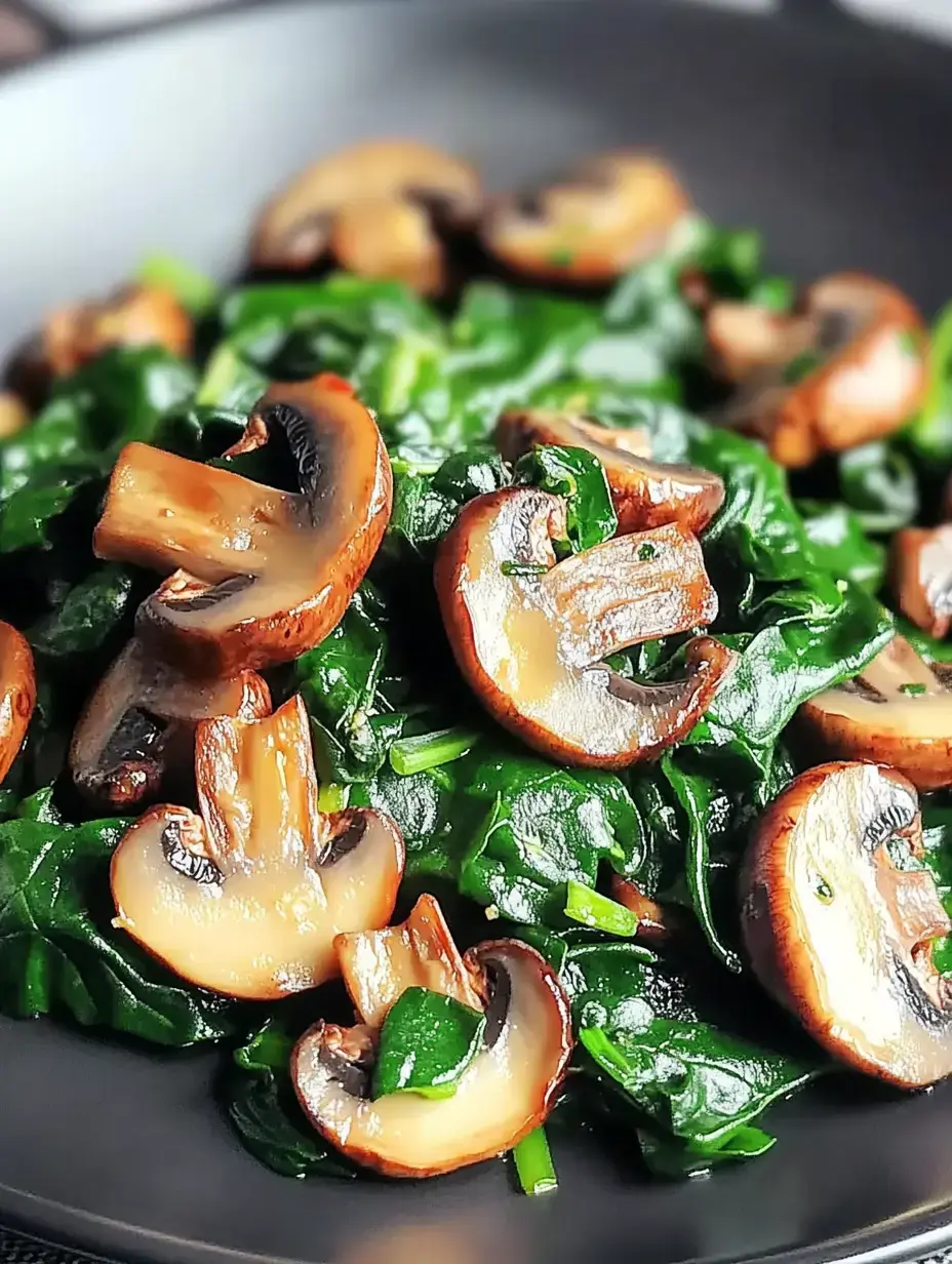 A close-up of sautéed mushrooms on a bed of fresh spinach, served in a black bowl.