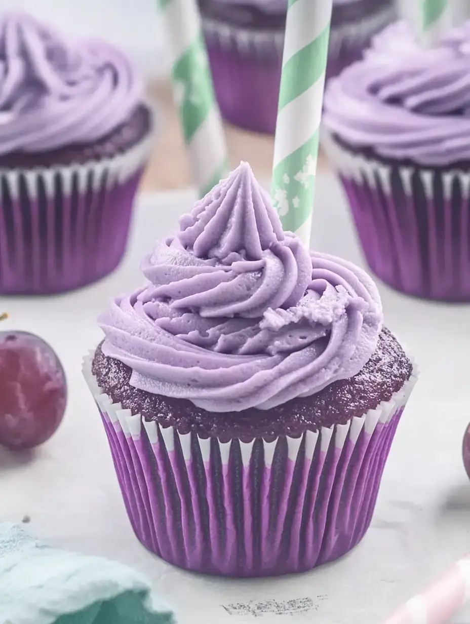 A close-up of a purple frosted cupcake with a decorative swirl, surrounded by additional cupcakes and a few grapes.