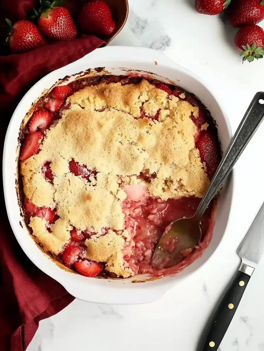 A baked strawberry dessert with a light golden crust and a portion removed, served alongside fresh strawberries on a napkin.