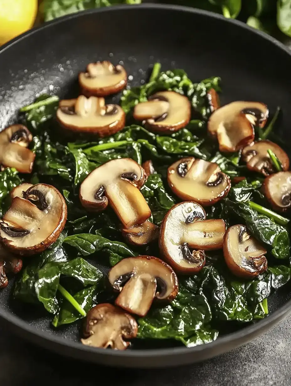 Sliced mushrooms are sautéed with fresh spinach in a black frying pan.