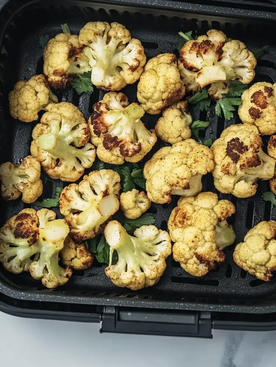 Roasted cauliflower florets are arranged in an air fryer basket, garnished with fresh herbs.