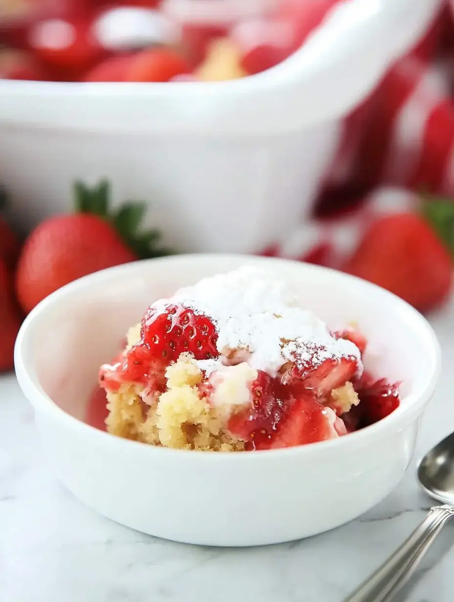 A bowl of cake topped with strawberries and syrup, dusted with powdered sugar, against a backdrop of fresh strawberries.