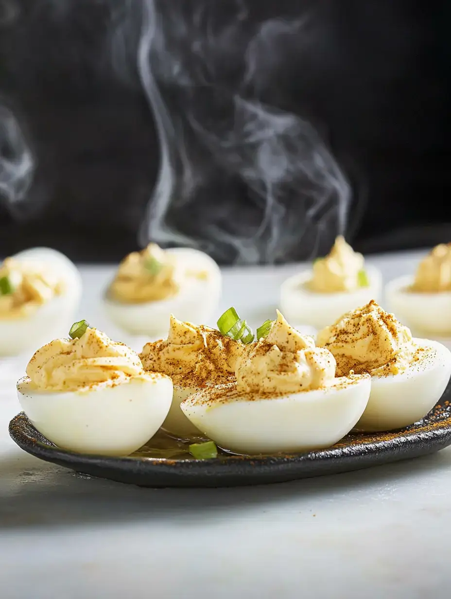 A plate of deviled eggs topped with spices and green onions, garnished with a dollop of creamy filling, with steam rising in the background.