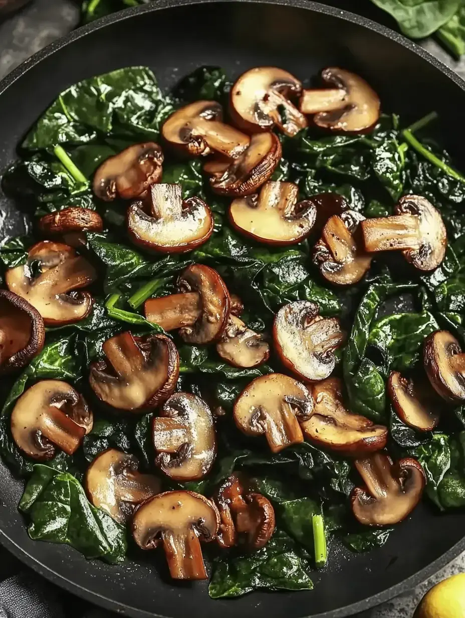 Sautéed spinach and mushrooms are beautifully arranged in a black skillet, showcasing their vibrant colors and glossy texture.