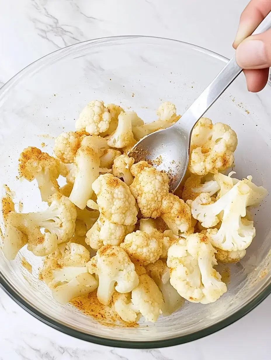 A glass bowl filled with seasoned cauliflower florets being mixed with a spoon.