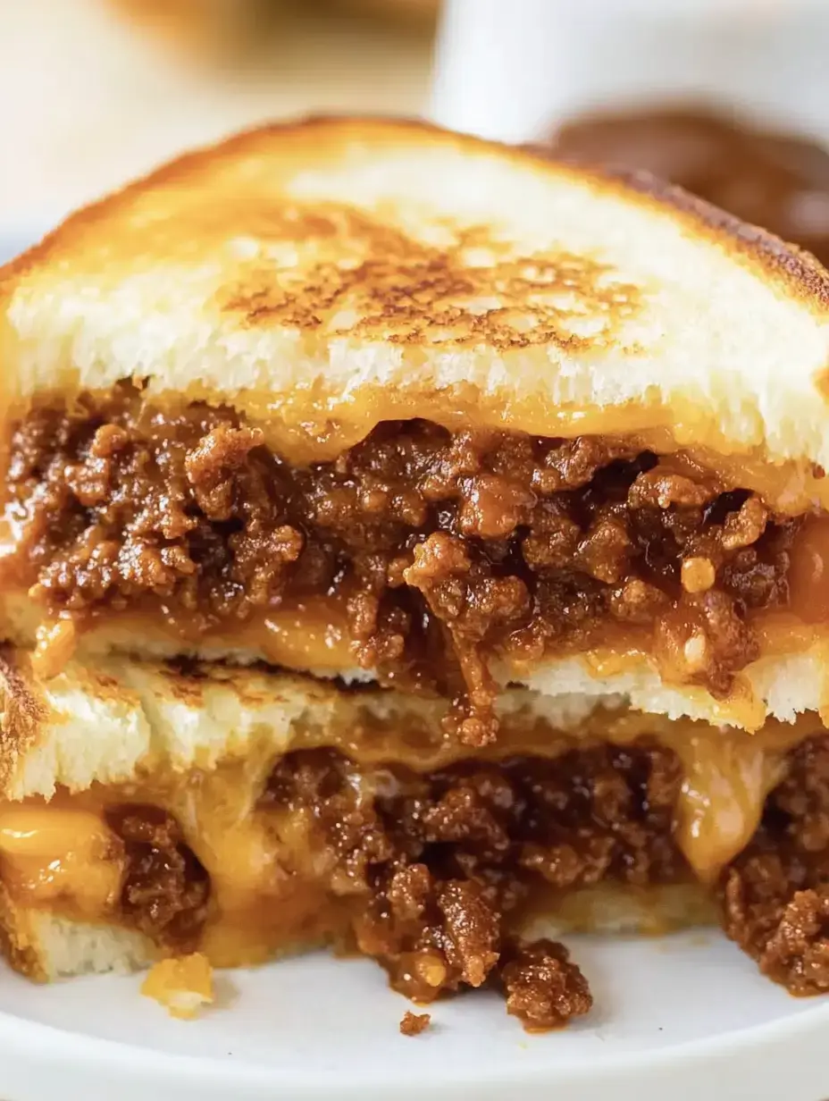 A close-up of a grilled cheese sandwich with gooey melted cheese and a savory ground meat filling.