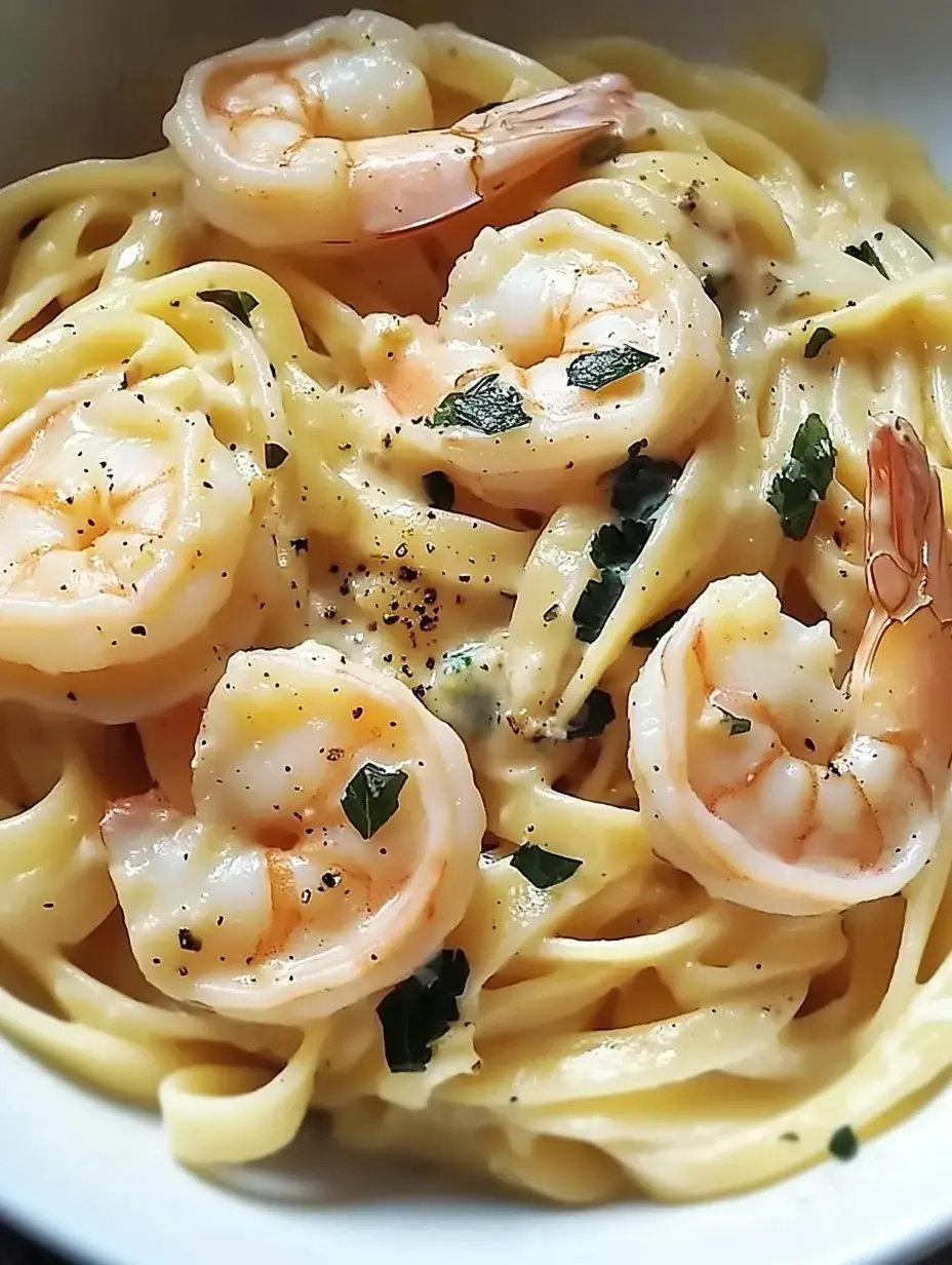 A bowl of fettuccine pasta topped with shrimp and garnished with herbs.