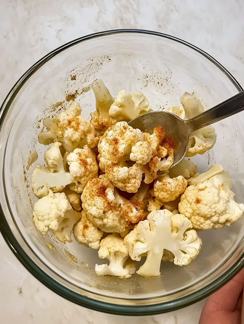 A glass bowl containing seasoned cauliflower florets mixed with spices and a spoon.