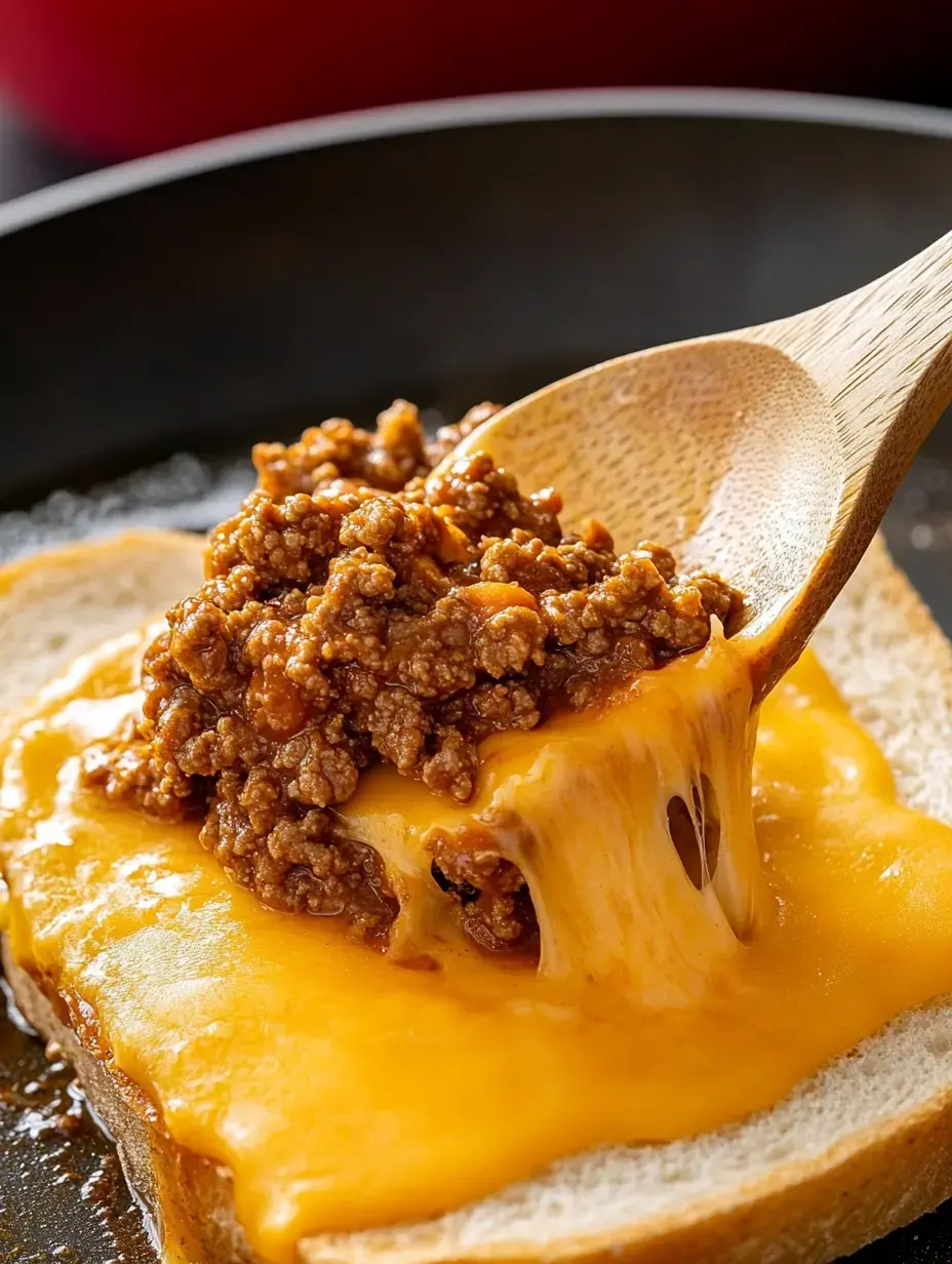 A slice of bread topped with melted cheddar cheese and a hearty meat topping, being served with a wooden spoon.