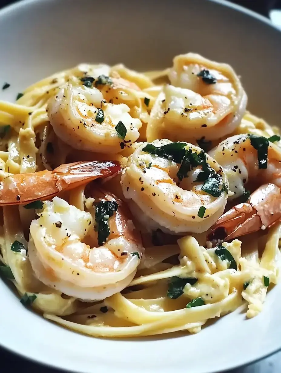 A bowl of fettuccine pasta topped with shrimp and garnished with chopped parsley and black pepper.