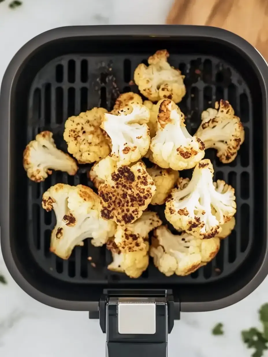 A top-down view of cooked cauliflower florets in an air fryer basket, showcasing their golden-brown, charred edges.