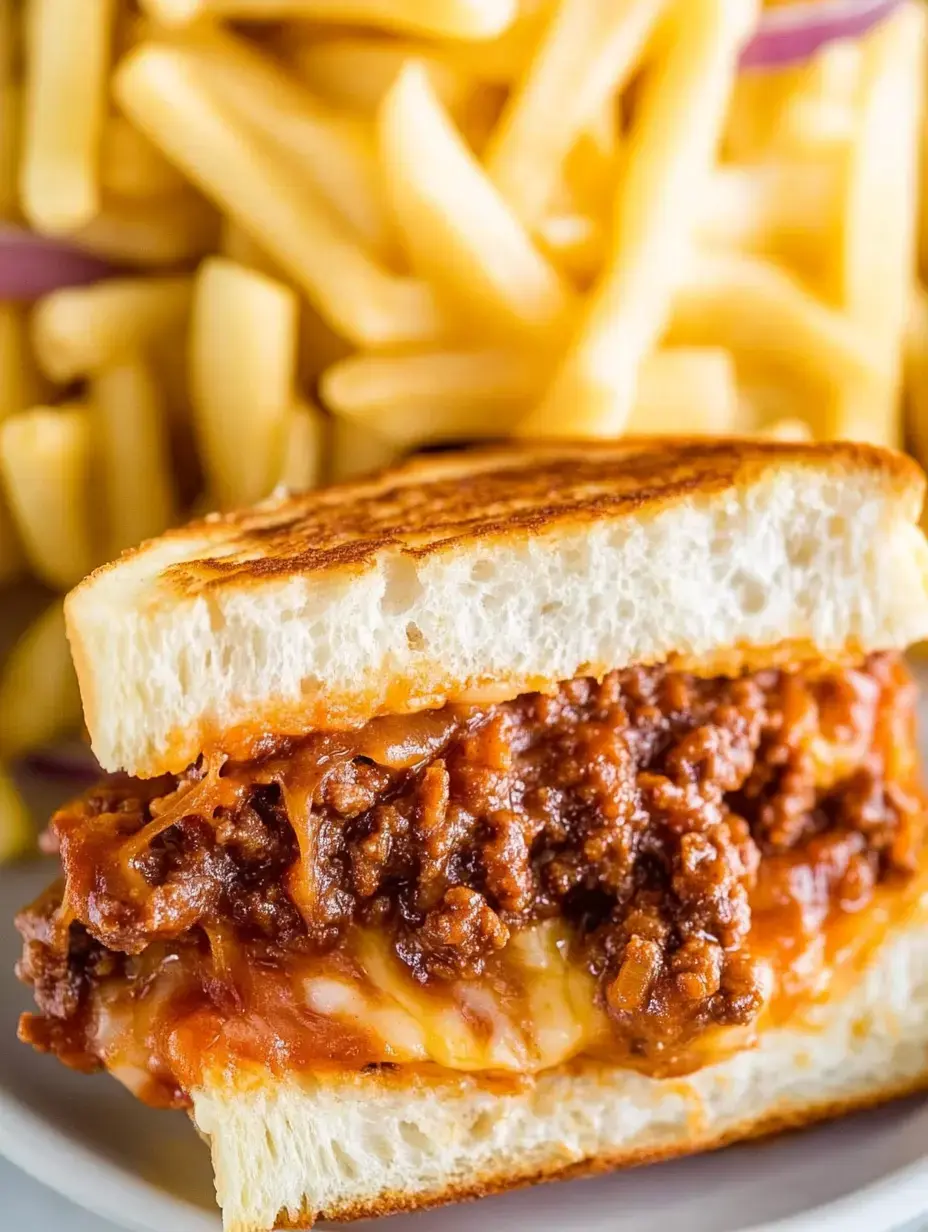 A close-up of a sandwich filled with meat sauce and melted cheese, accompanied by a serving of golden fries in the background.