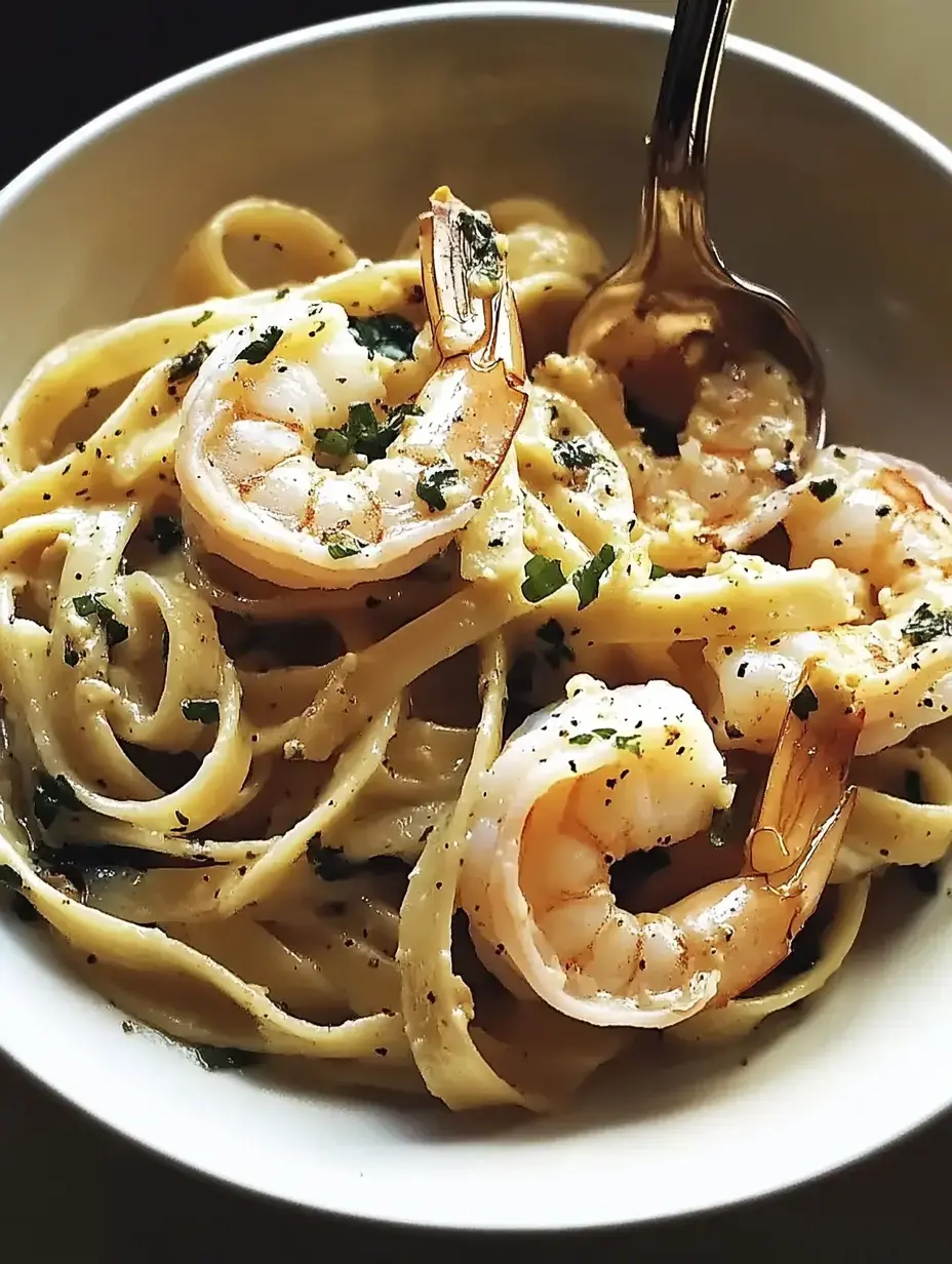 A bowl of creamy fettuccine pasta topped with large shrimp and sprinkled with herbs.