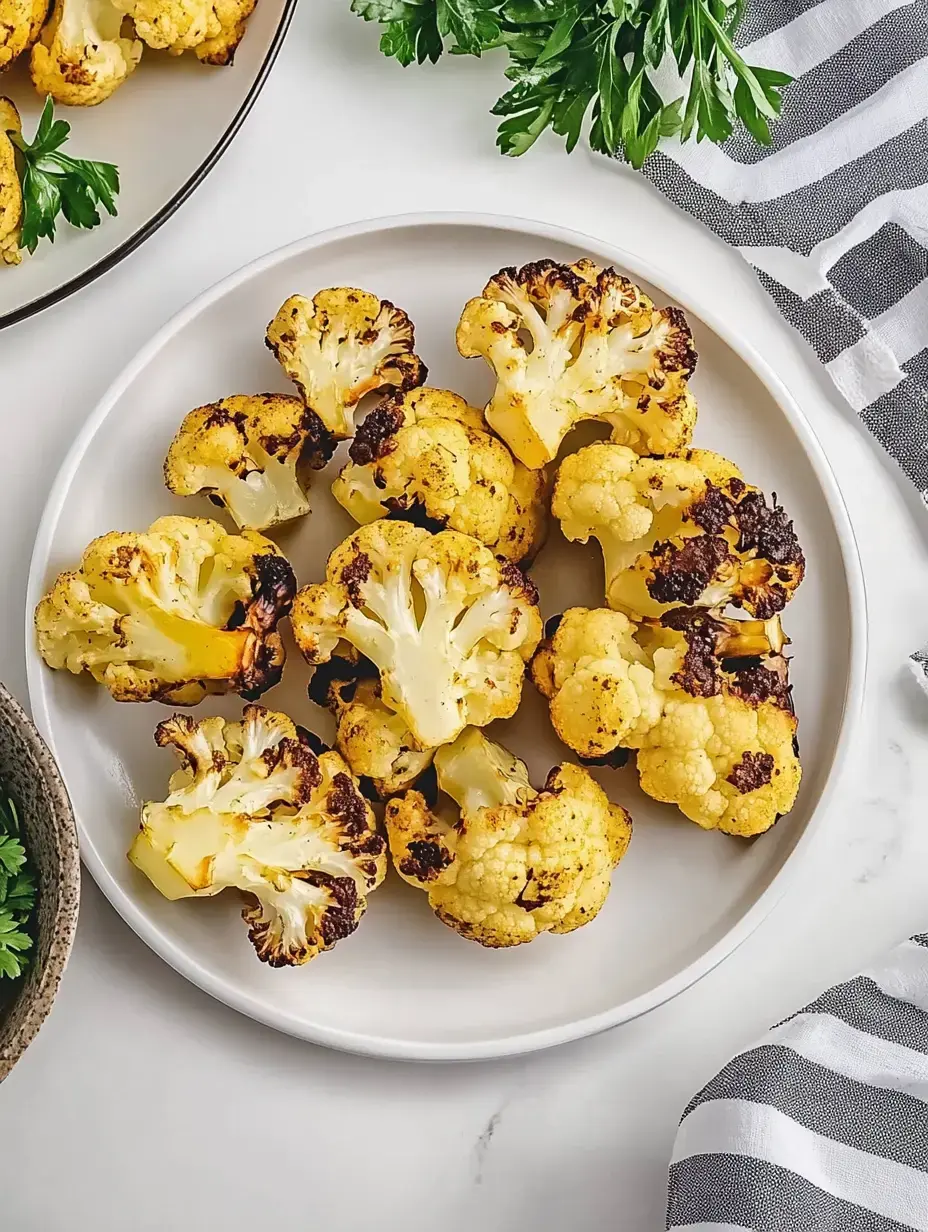 A plate of roasted cauliflower florets with a golden-brown exterior, garnished with parsley, sits beside a striped kitchen towel.