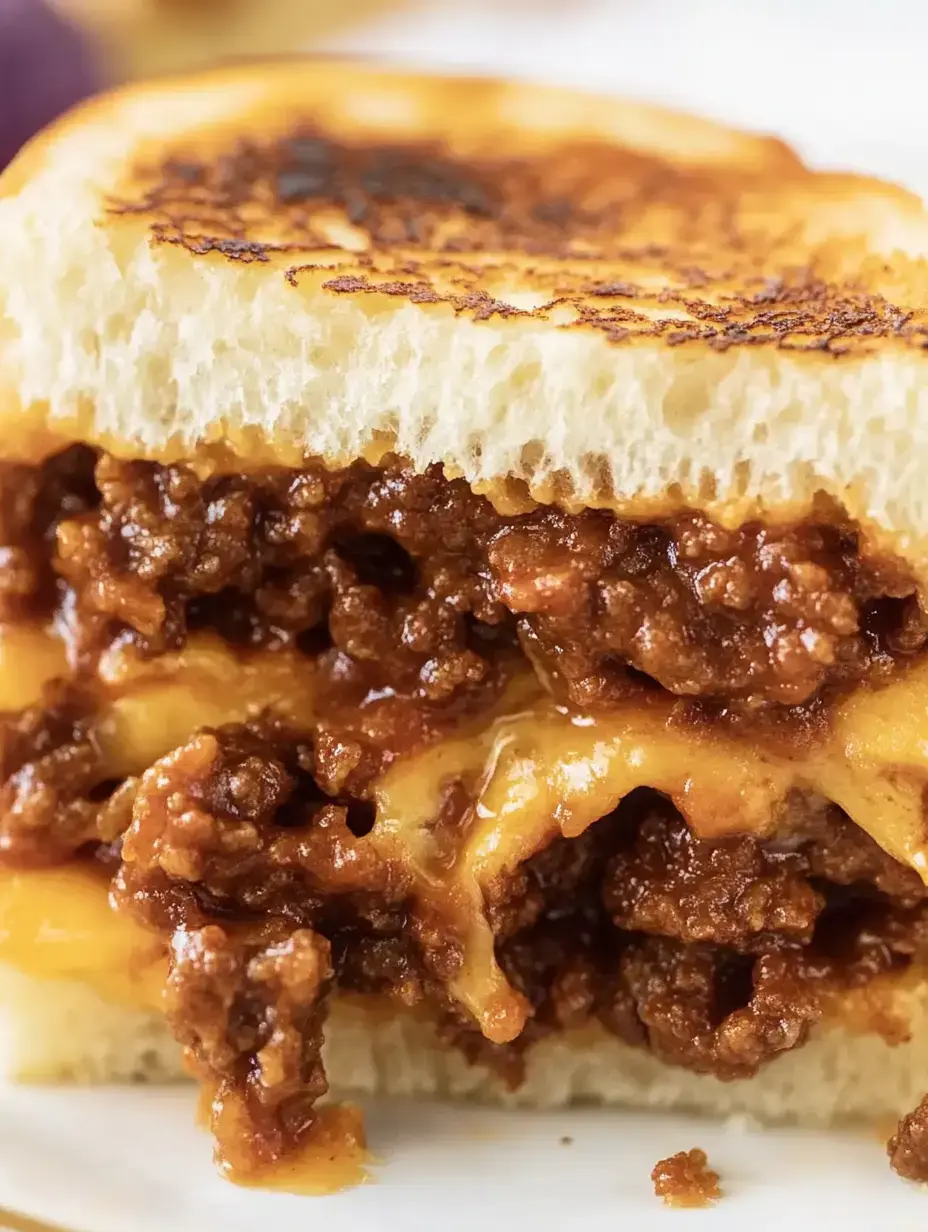 A close-up view of a toasted sandwich filled with melted cheese and a savory ground meat filling.