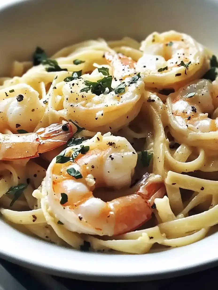 A bowl of creamy fettuccine pasta topped with cooked shrimp and garnished with chopped parsley and pepper.