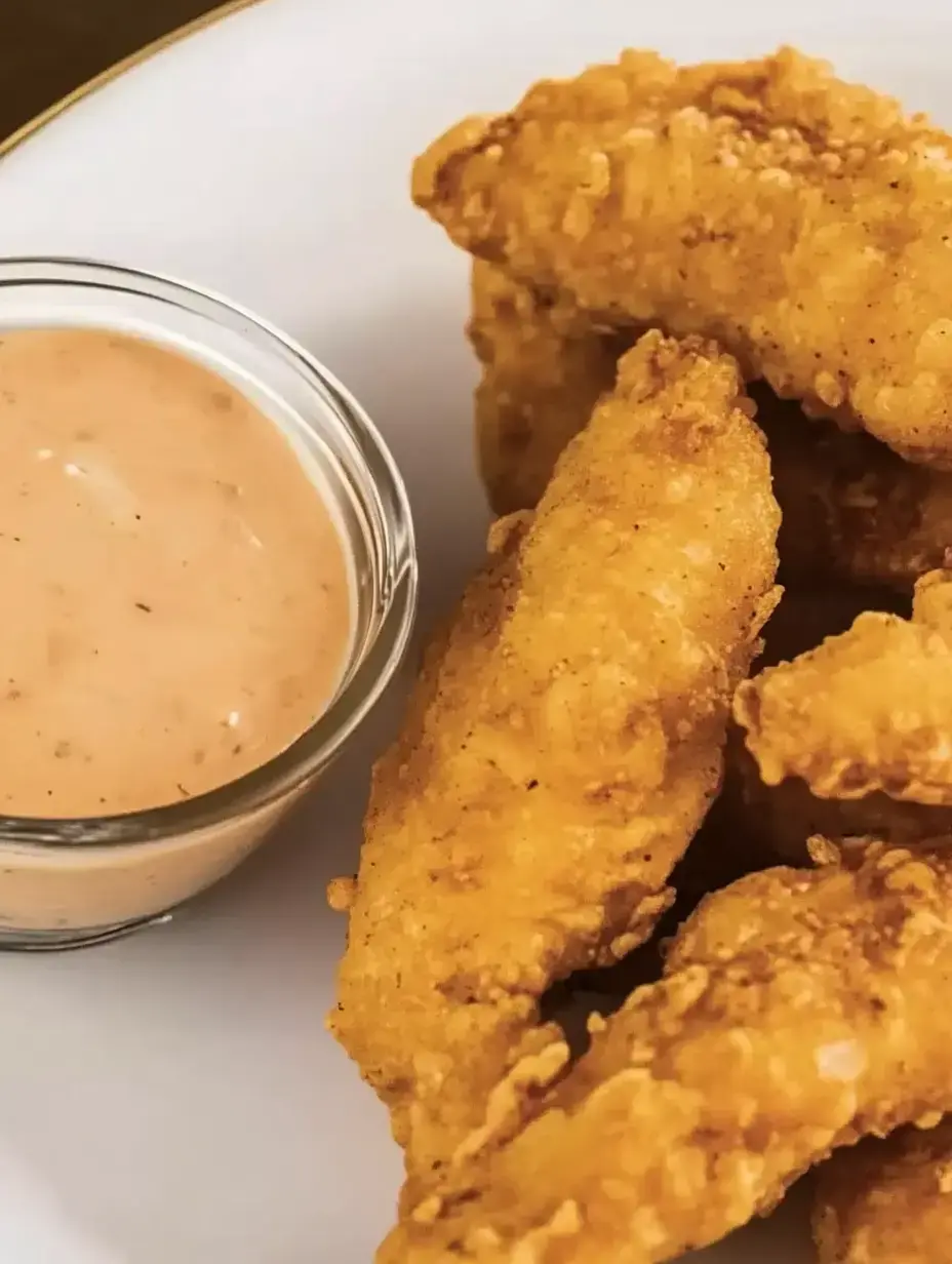 A plate of crispy golden fried chicken tenders served with a small cup of dipping sauce.