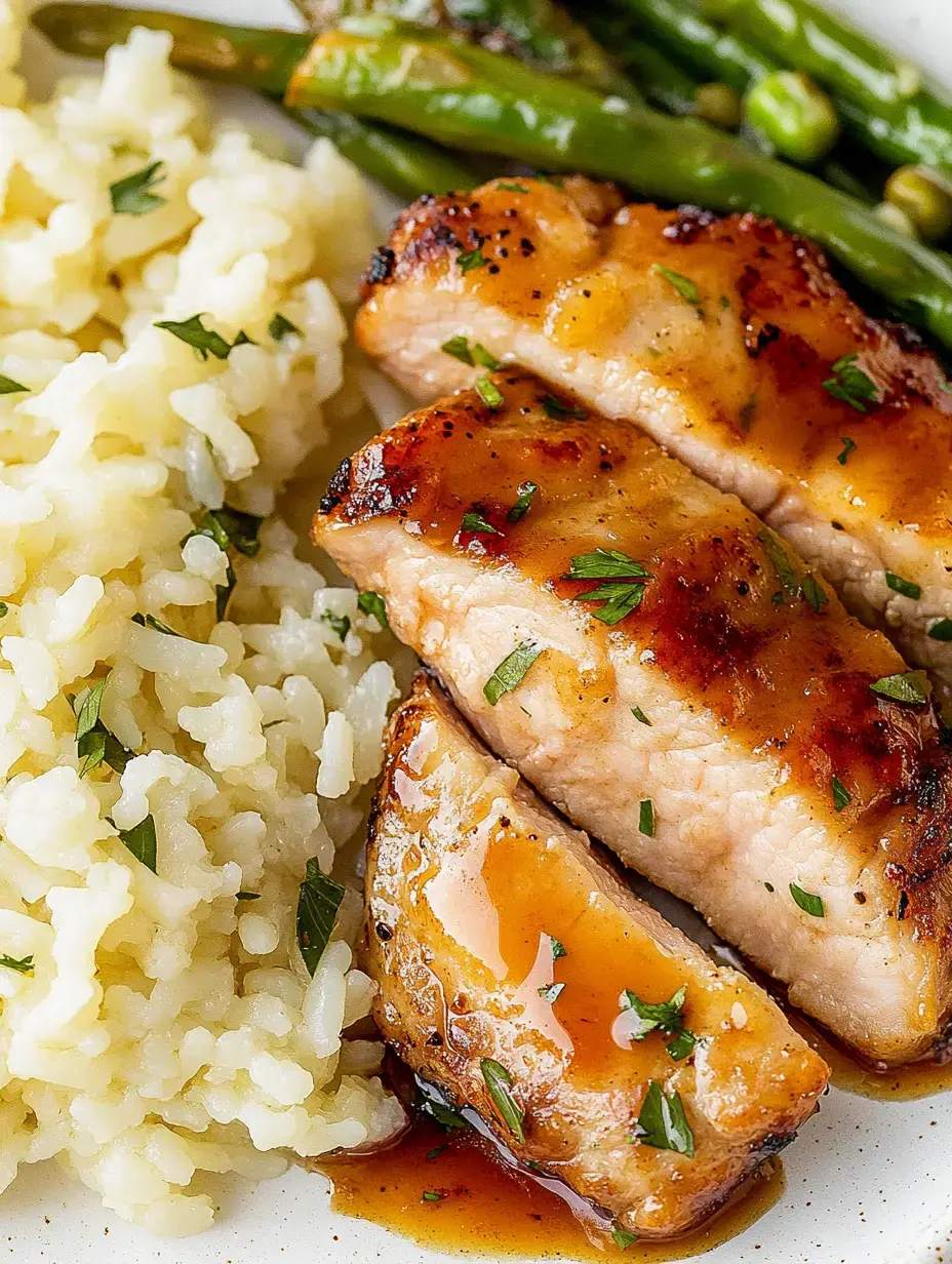 A plate of grilled chicken breast slices with a glossy glaze, served alongside fluffy rice and sautéed green beans.