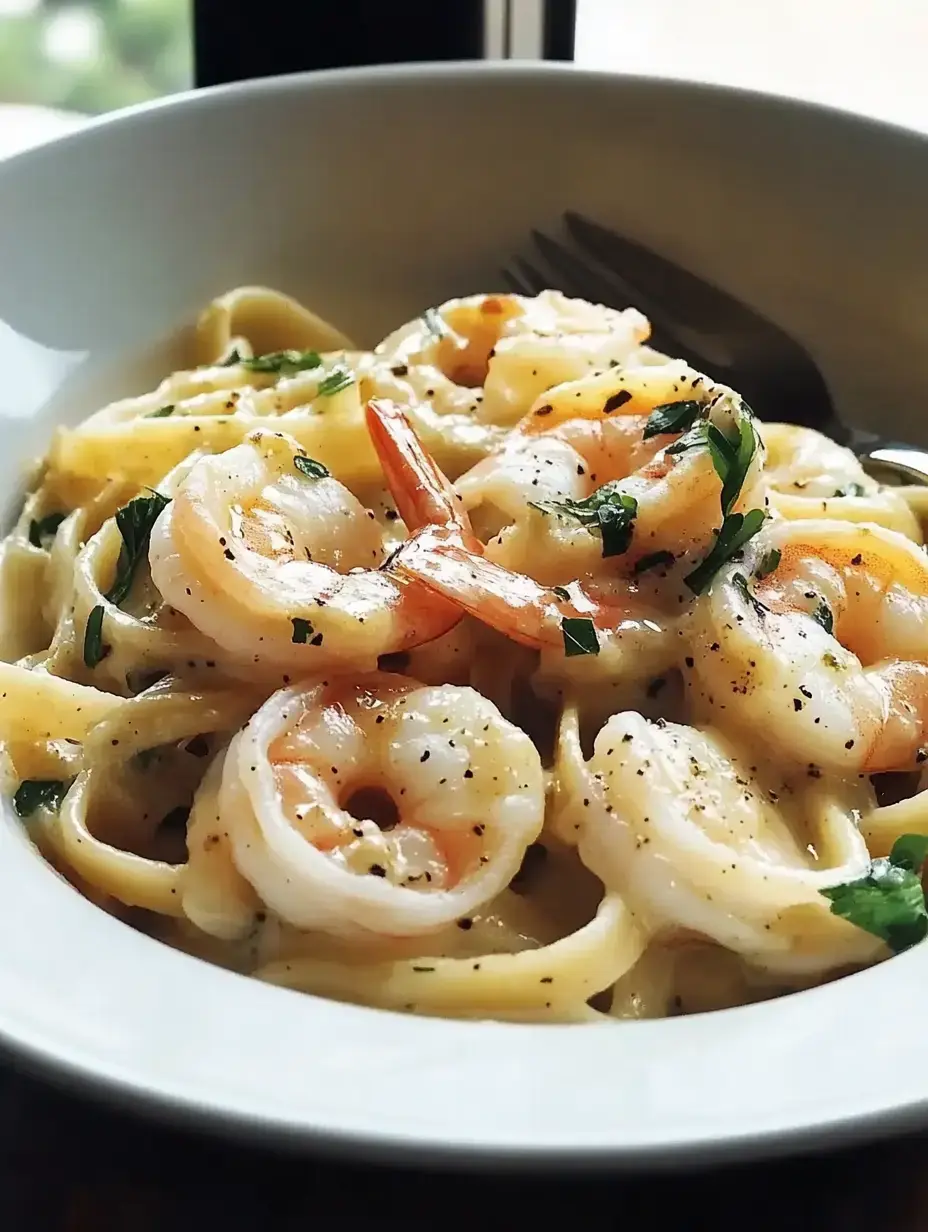 A bowl of fettuccine pasta topped with shrimp, garnished with herbs and black pepper.