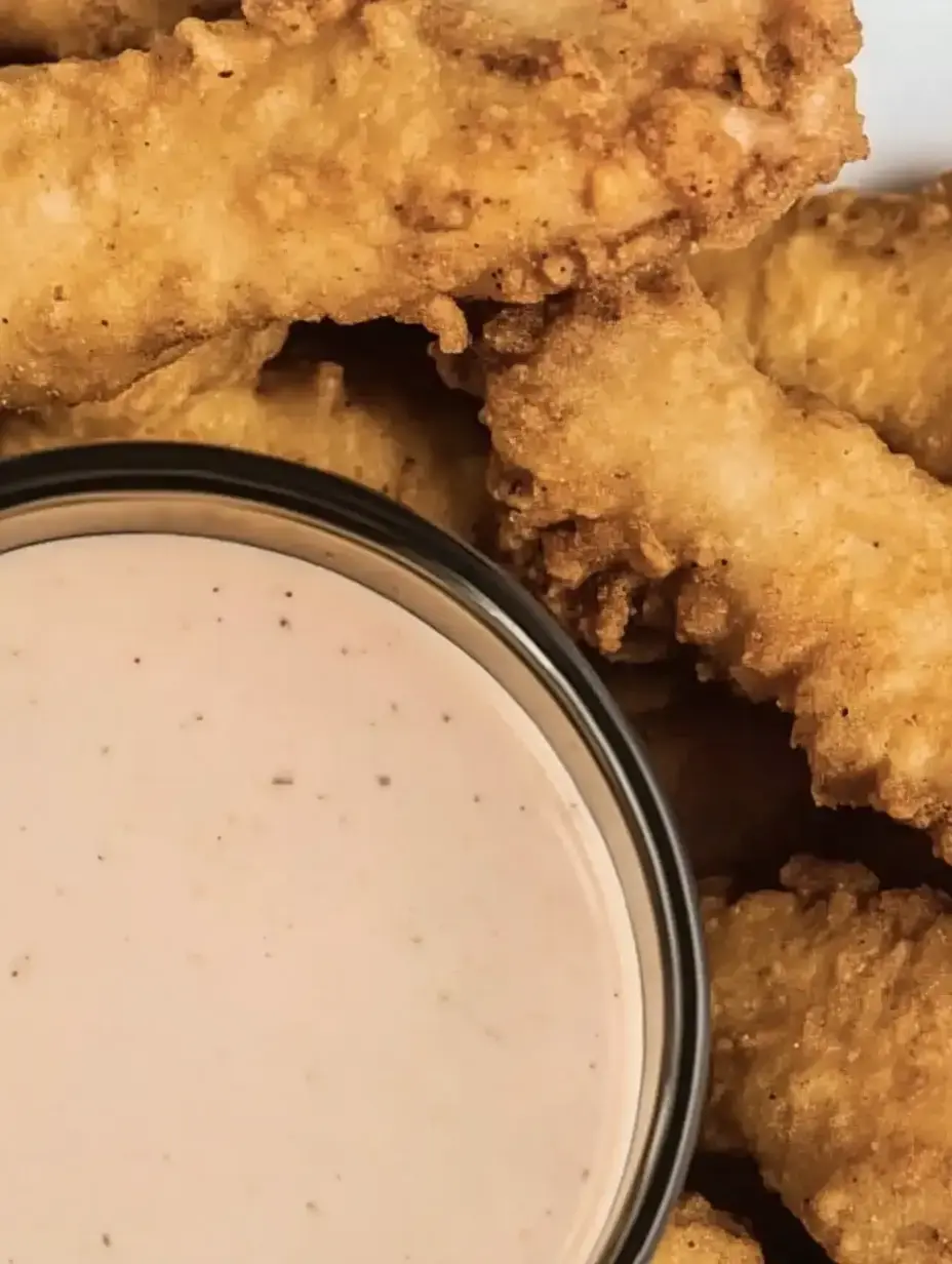 A close-up of crispy fried chicken pieces served alongside a small bowl of dipping sauce.