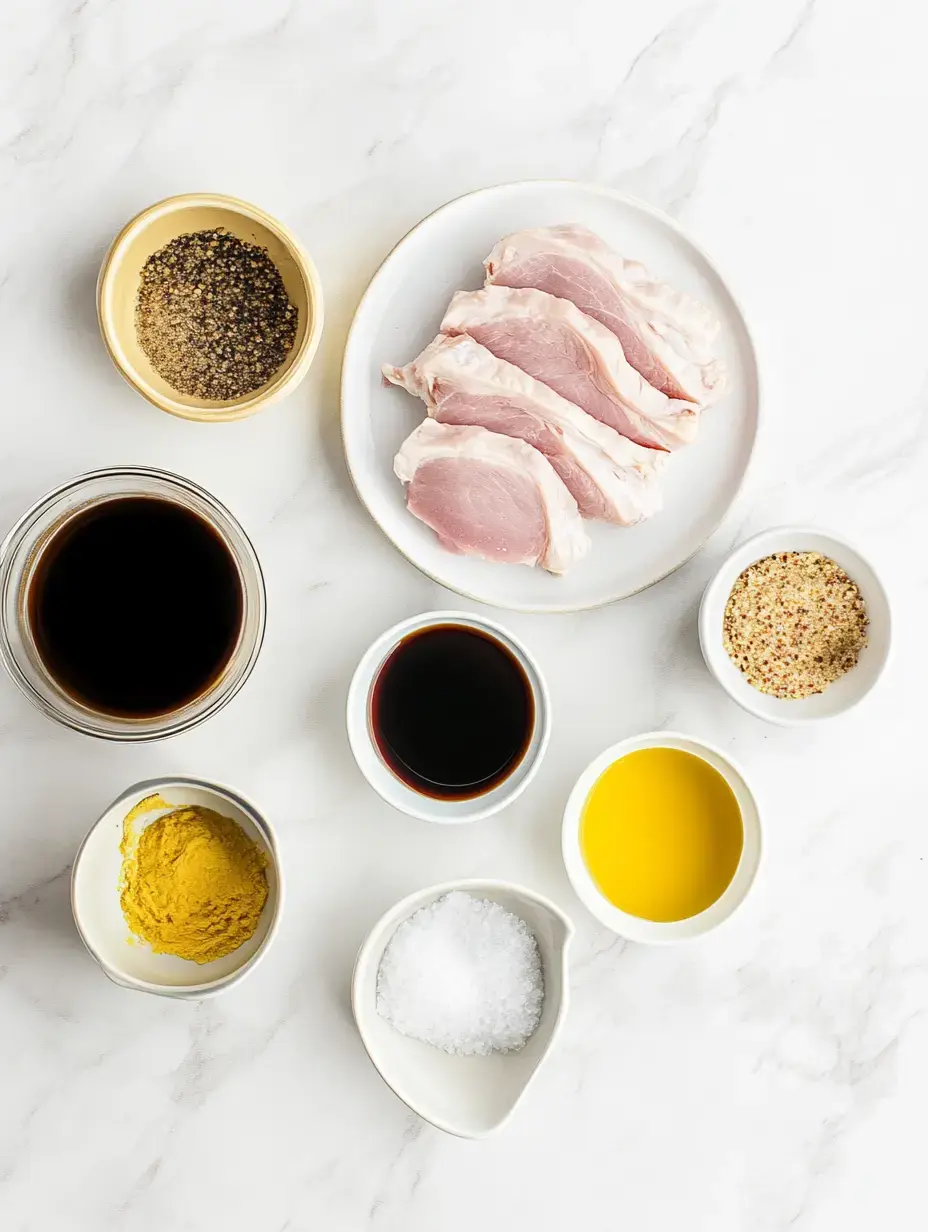 The image displays various cooking ingredients, including sliced meat and an array of spices and sauces arranged on a countertop.