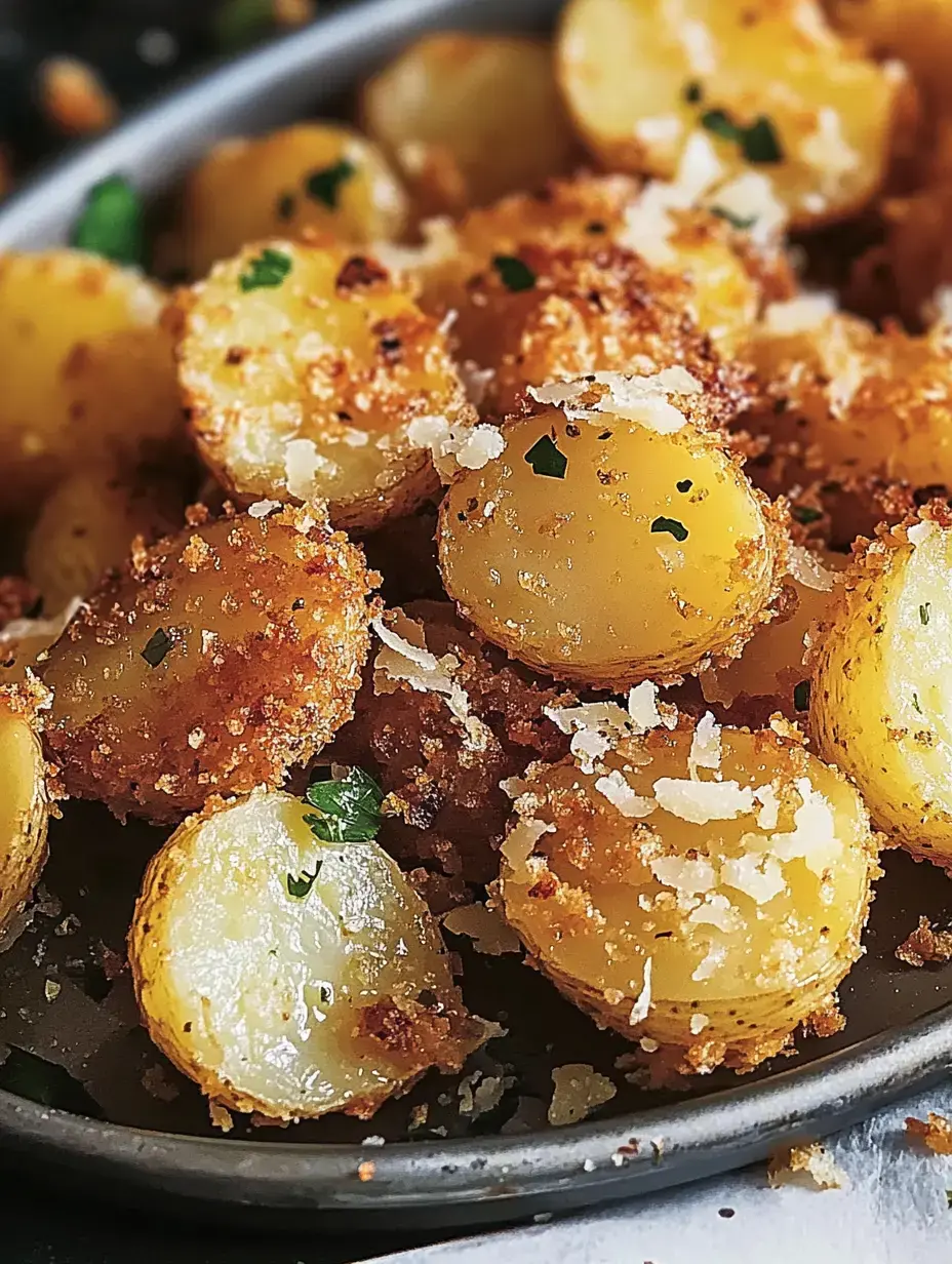 A close-up of golden, crispy roasted potatoes garnished with parsley and grated cheese on a dark plate.