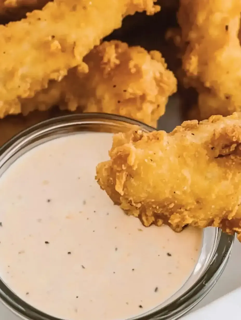 A crispy golden fried piece of chicken is being dipped into a small bowl of creamy sauce.