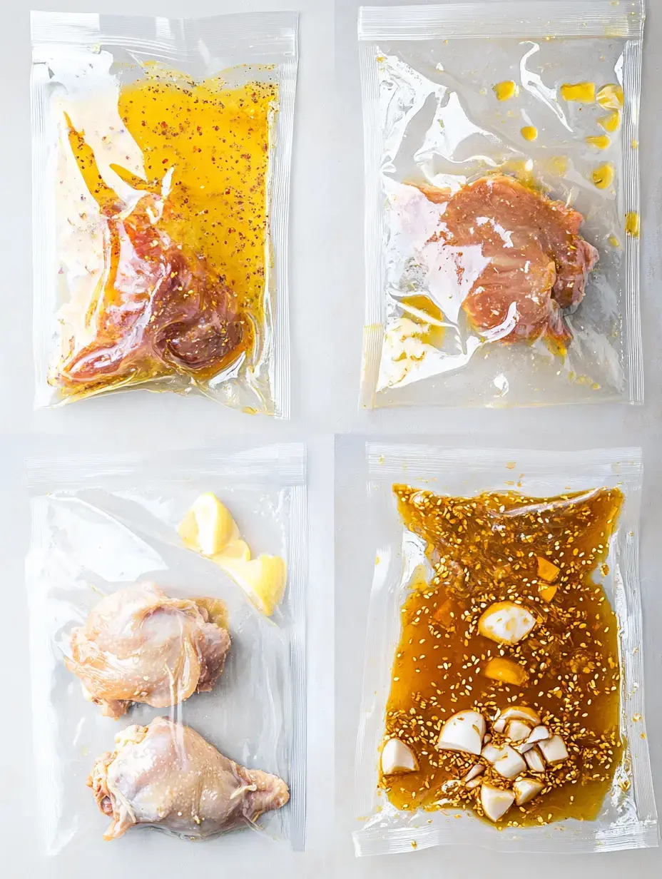 Four ziplock bags containing marinated chicken pieces with various sauces and seasonings.