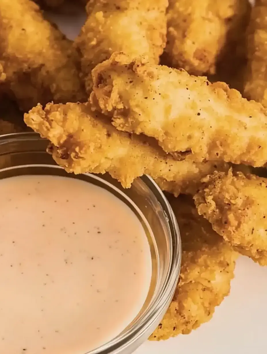 A close-up of crispy fried chicken strips served with a small bowl of creamy dipping sauce.