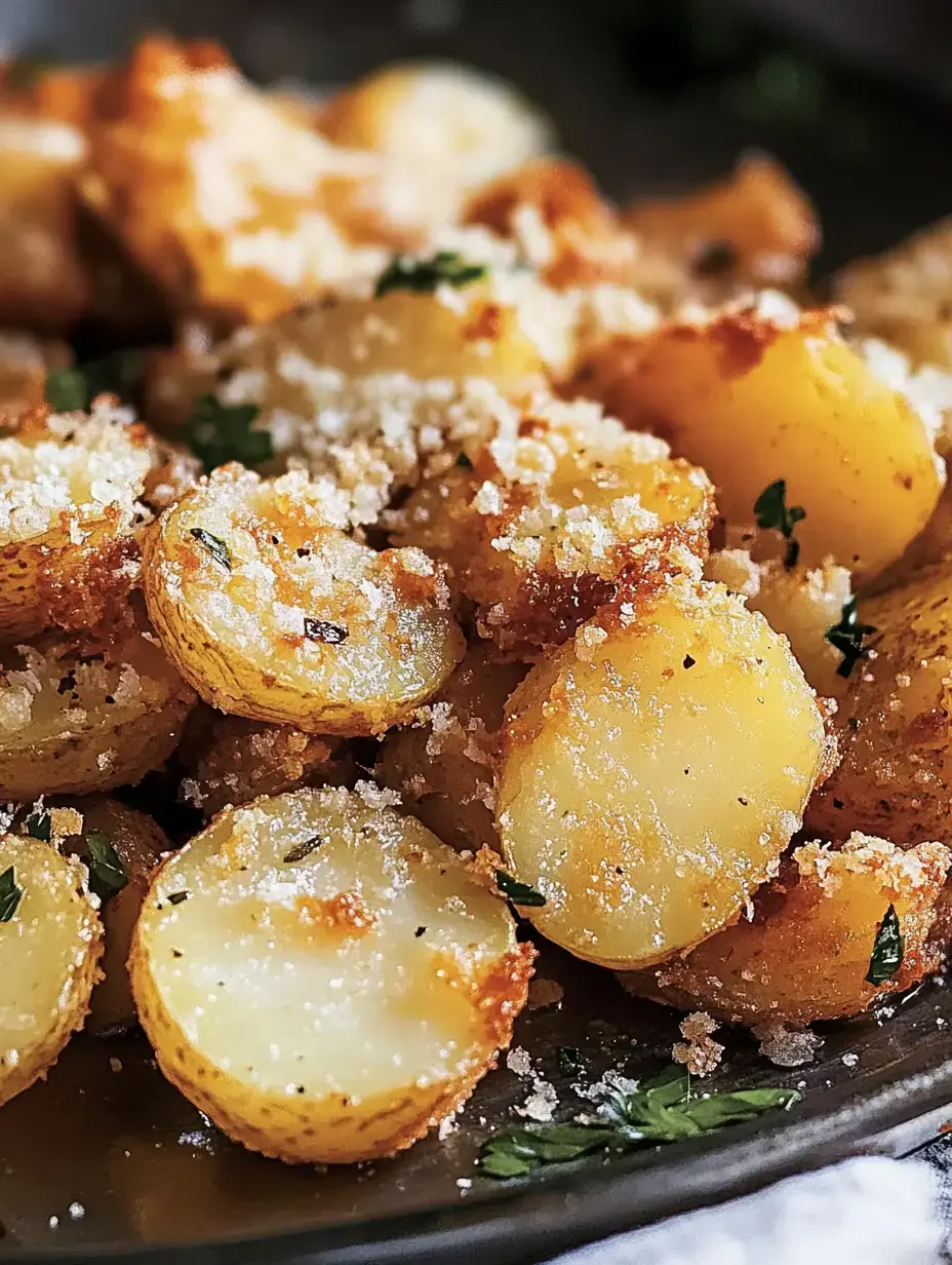 A close-up image of golden, roasted baby potatoes sprinkled with herbs and grated cheese.