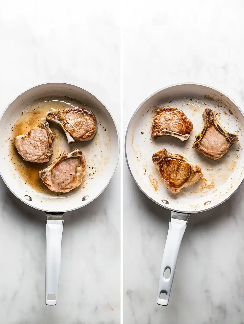 The image shows two side-by-side views of a skillet with pork chops, one before and one after cooking, highlighting the difference in color and doneness.