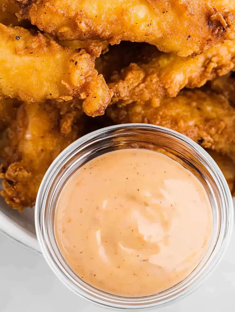 A close-up of crispy golden fried chicken strips served alongside a small bowl of creamy dipping sauce.