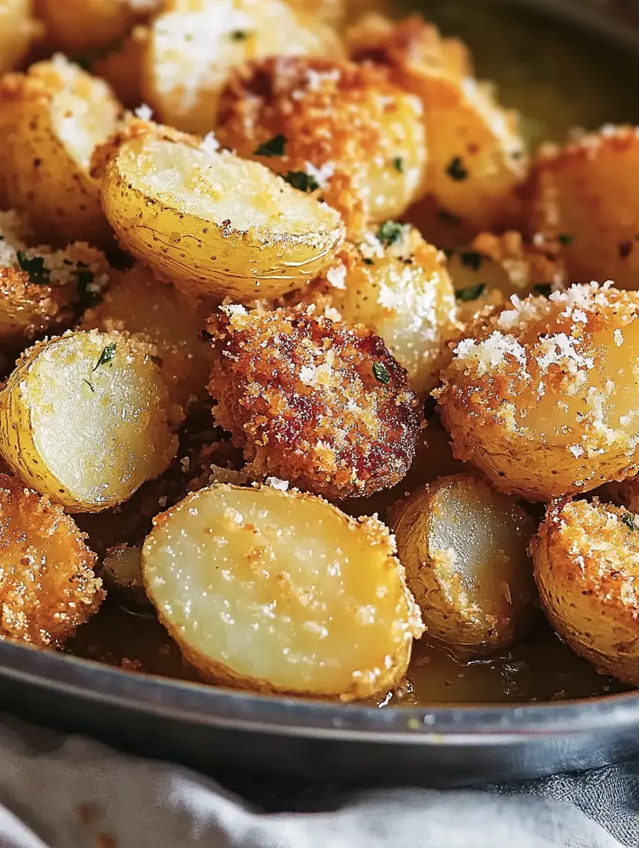 A close-up image of golden-brown roasted baby potatoes, sprinkled with breadcrumbs and herbs, served in a dark bowl.