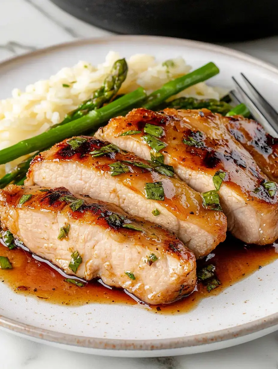 A plate of grilled pork tenderloin slices garnished with herbs, accompanied by asparagus and fluffy rice.