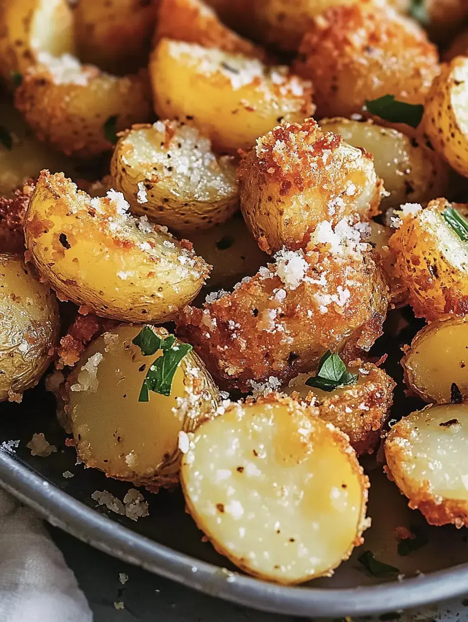 A bowl of crispy, golden-brown roasted potatoes garnished with salt and herbs.