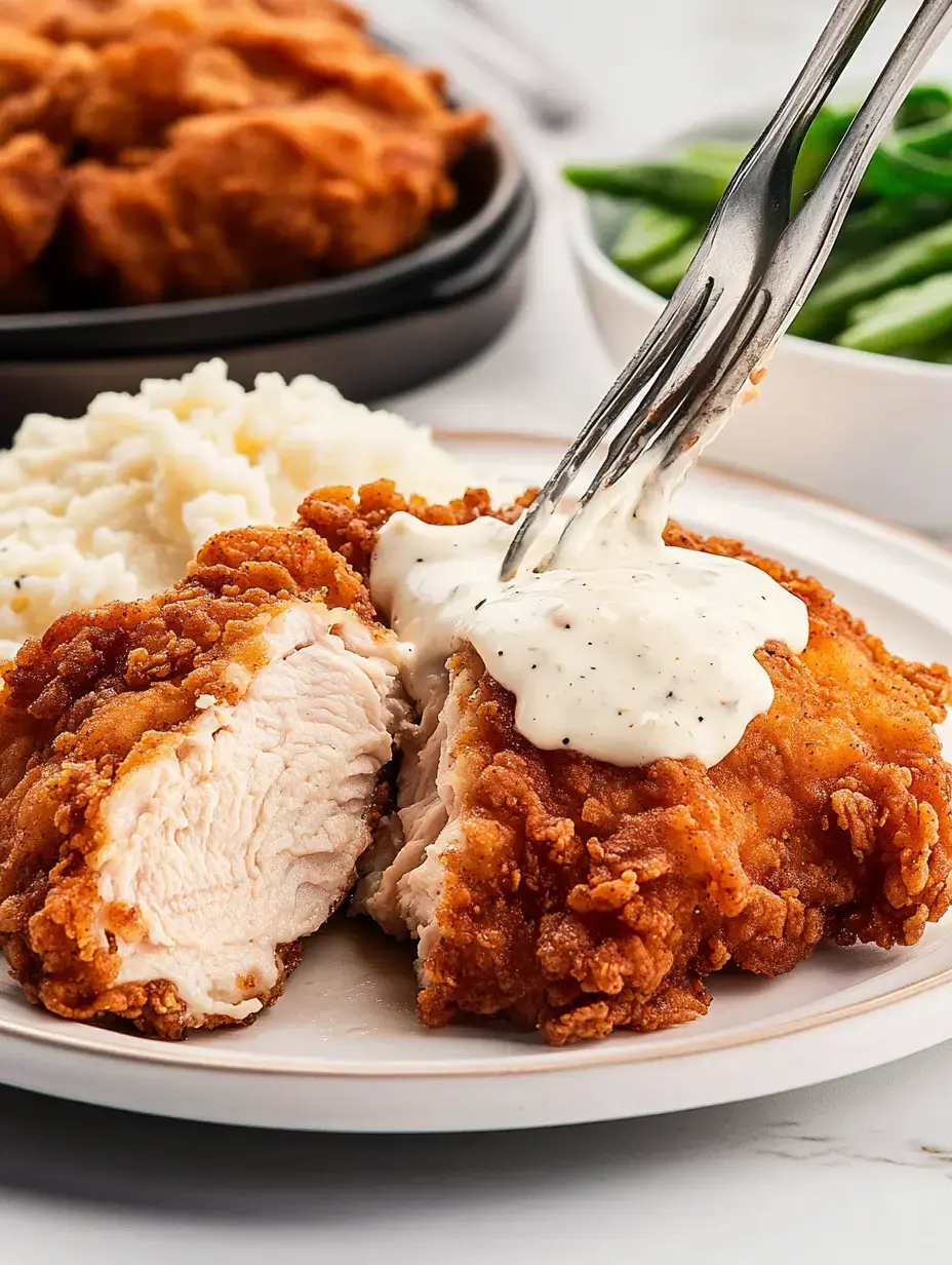 A plate of fried chicken topped with creamy sauce, served alongside mashed potatoes and green beans.