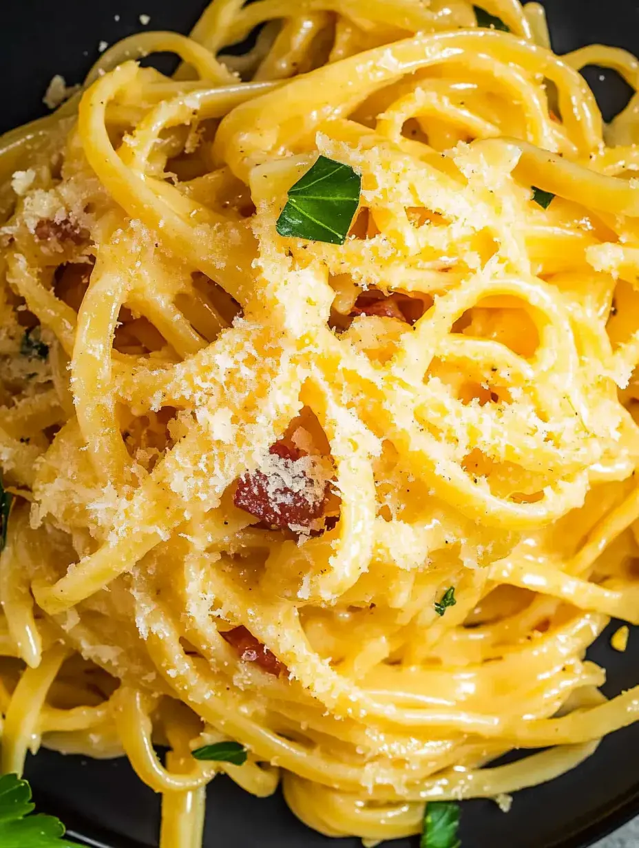 A close-up view of spaghetti carbonara topped with grated cheese and garnished with parsley on a black plate.