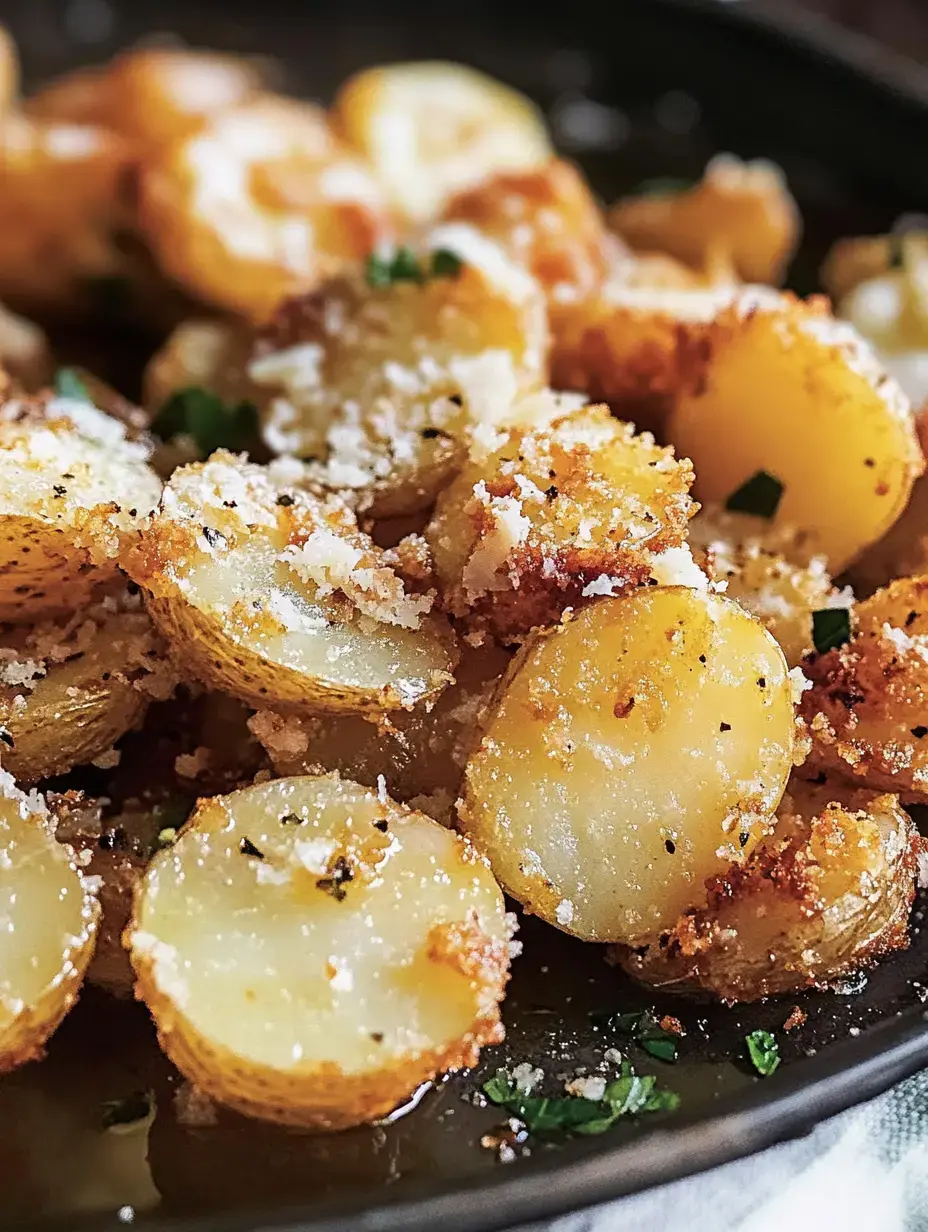 A close-up of golden, crispy roasted potatoes sprinkled with herbs and cheese on a dark plate.