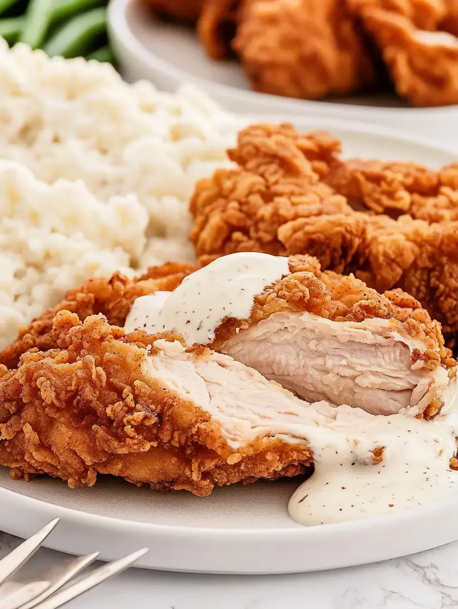 A plate of crispy fried chicken pieces topped with creamy sauce, accompanied by a serving of mashed potatoes.