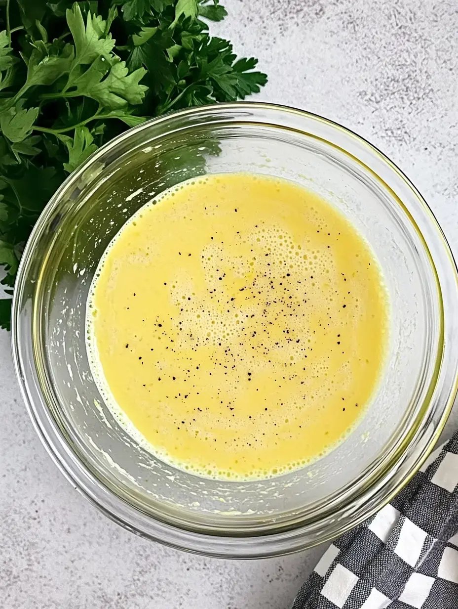 A clear glass bowl contains a yellow, whisked mixture seasoned with black pepper, surrounded by fresh parsley and a checkered cloth.