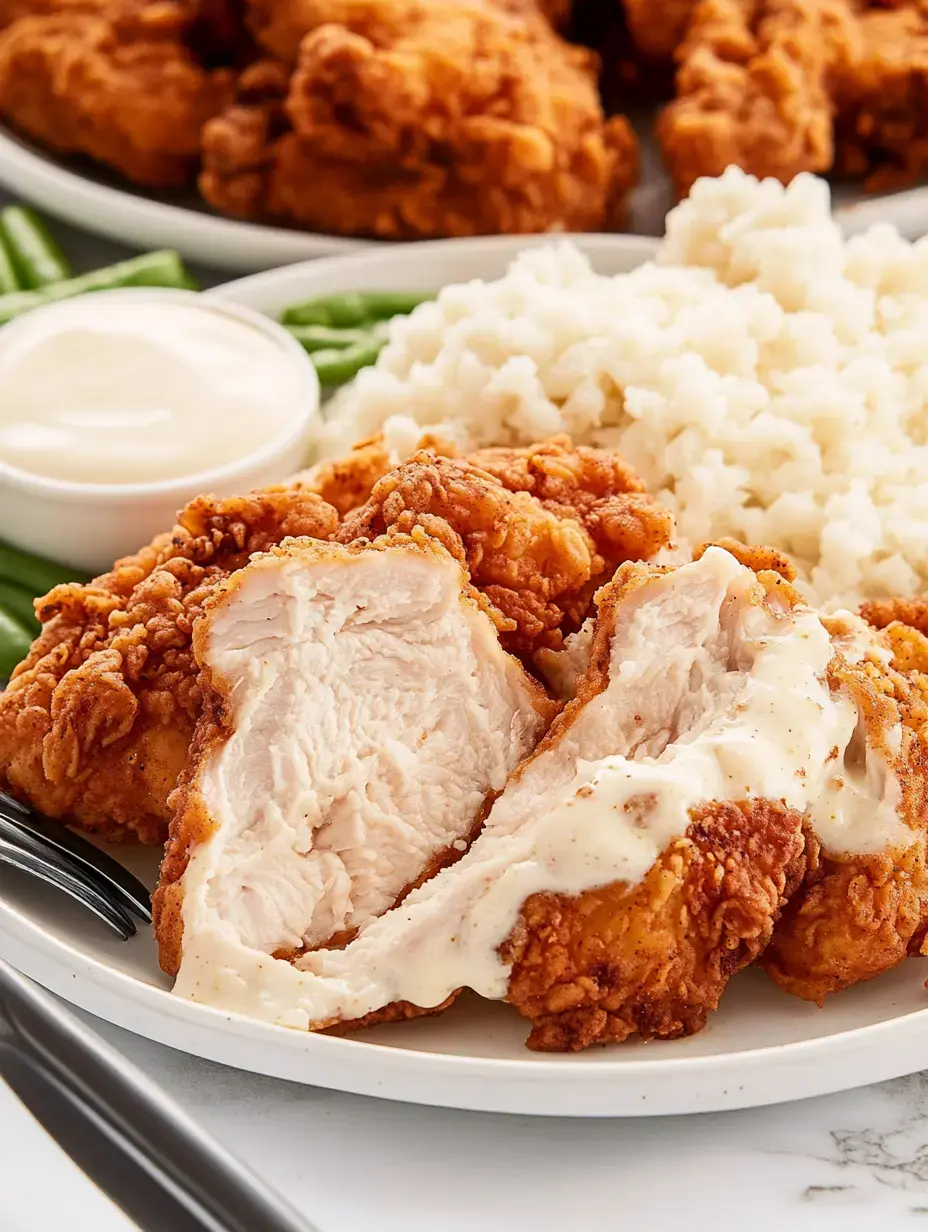 A plate of crispy fried chicken with a portion cut open to reveal the tender meat, served alongside mashed potatoes and a small dish of dipping sauce.